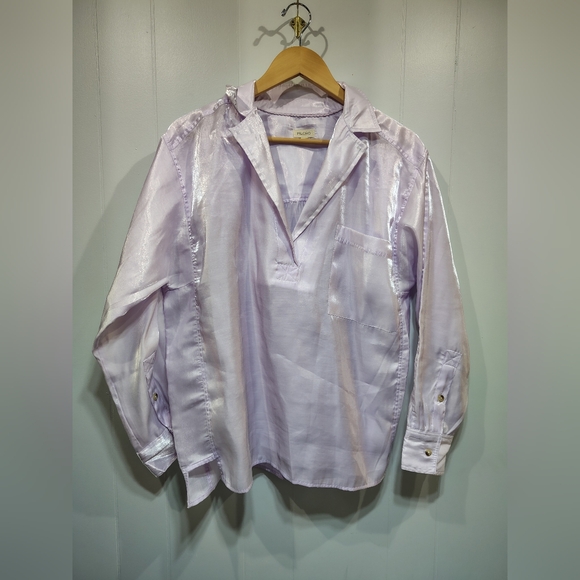 Pilcro Anthropologie Lilac Shine Blouse Satin Button Down Top Long Sleeve Shirt - Picture 4 of 11